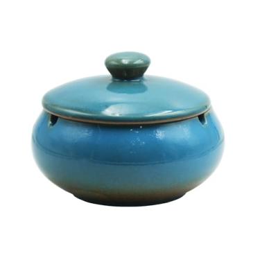 Imagem de Cinzeiro com tampas, cinzeiro de cerâmica de 10 cm para fumantes, decoração de escritório em casa (azul)