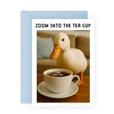 Imagem de Cute Duck Love Card - "Zoom Into the Teacup" I Think You're Cute - Cartão peculiar para namorado, namorada, paixão, noivo, esposa, marido, parceiro, bebê ou amigo - Vem com adesivos divertidos