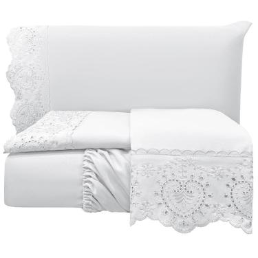 Imagem de Jogo Cama Lençol King Nupcial Percal 300 Fios 4 Peças Branco