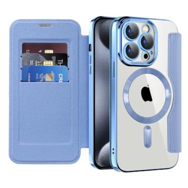 Imagem de COTDINFOR Capa para iPhone 15 Pro, carteira de couro com suporte para cartão [bloqueio RFID] compatível com proteção de câmera Magsafe, capa flip transparente à prova de choque para iPhone 15 Pro Blue