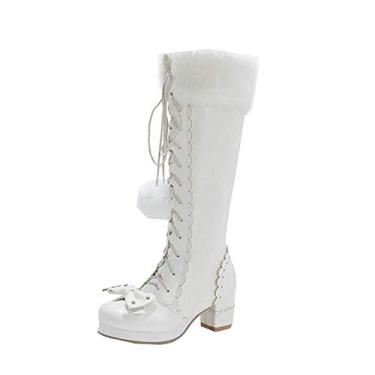 Imagem de Bigfanshu Botas femininas de inverno quentes com gola de pele para meninas, cosplay, festa, princesa, botas, com cadarço, salto grosso, zíper lateral, couro PU, Chelsea slip-on e pull-on, atléticas, Branco, 35 BR