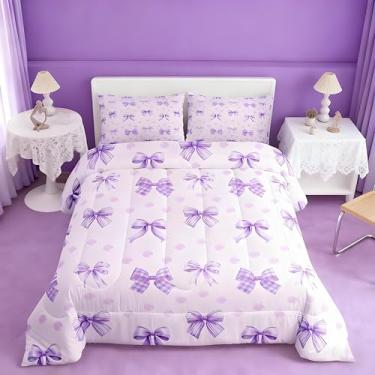 Imagem de Feelyou Conjunto de cama casal com laço roxo e laço fofo de bolinhas para meninas, conjunto de edredom de microfibra macia
