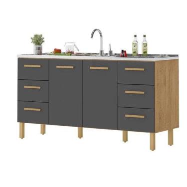 Imagem de Balcão Belém Para Pia 1,60m Com Portas E Gavetas Amêndoa Grafite - MIL