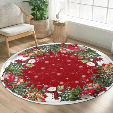 Imagem de Tapete redondo de Natal de 1,2 m, lavável vermelho inverno, árvore de Natal, caminhão, boneco de neve, tapete redondo, antiderrapante, floco de neve, pêlo baixo, tapete para sala de estar, quarto