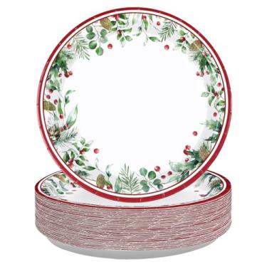 Imagem de Greencian 50 peças de suprimentos de festa de Natal, pratos de papel de bagas de azevinho descartáveis de 25,4 cm, pratos de sobremesa, decorações para feliz Natal, inverno, férias, jantares
