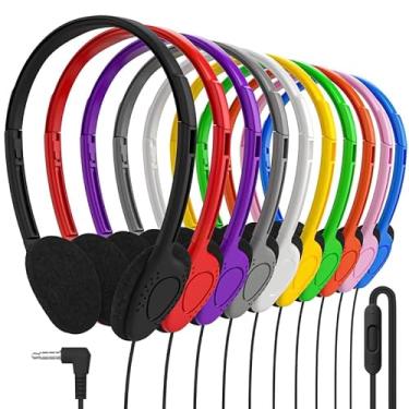 Imagem de Maeline Fones de ouvido para sala de aula a granel com microfone – pacote com 10 fones de ouvido intra-auriculares multicoloridos, plugue ajustável de 3,5 mm, embalado individualmente para escolas