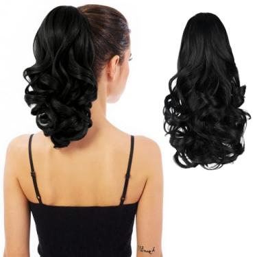Imagem de HEWEICSY Extensão de rabo de cavalo, rabo de cavalo com clipe para mulheres, clipe de garra de 30 cm em extensão de cabelo de pônei ondulado curto encaracolado para mulheres - preto natural
