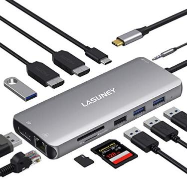 Imagem de LASUNEY Estação de ancoragem para laptop USB C Hub 12 em 1, monitor duplo, dongle adaptador multiportas com 2 HDMI, DisplayPort, RJ45, SD/TF, portas USB C/A, PD, microfone/áudio, compatível com