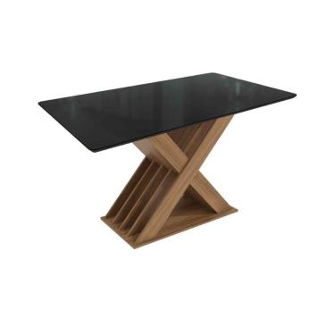 Imagem de Mesa de Sala Jantar Graviola c/Tampo Madeirado c/ Vidro 90x160cm Nogueira/Preto fosco/Vidro preto - Kappesberg