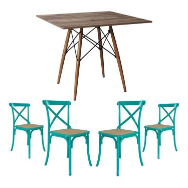 Imagem de Conjunto De Mesa Eiffel Quadrado Tampo De Madeira 90Cm Amêndoa Com 4 Cadeiras Katrina Azul Turquesa