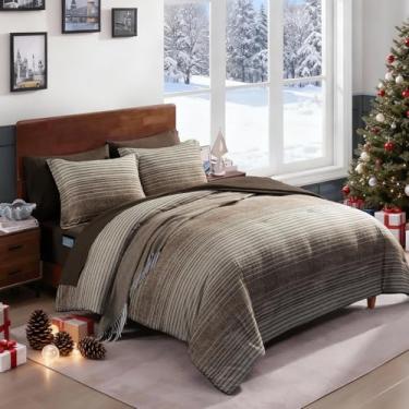 Imagem de AMBERSPACE Conjunto de edredom solteiro xadrez GG marrom chocolate, 5 peças, para meninos, meninas, adolescentes, cama leve em uma bolsa para dormitório, lençol com lençóis, fronhas e fronhas