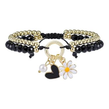 Imagem de RISHEGAE Pulseira de ouro para mulheres com cordão de camada dupla conjunto de pulseiras boho com contas conjunto de pulseiras margarida coração pérola pingentes modernos joias feitas à mão presente