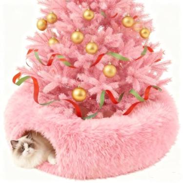 Imagem de Kvittra Cama de túnel para gatos sob o Natal, casa de gato de luxo com saia de árvore de Natal com almofada lavável, duas entradas Peekaboo redondo para gatinho, cachorrinho, coelho, furão