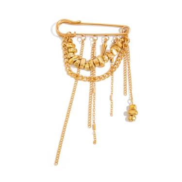 Imagem de Broche de corrente em camadas, broche de segurança de corrente longa, alfinete de lapela, contas irregulares, alfinetes de crachá para mulheres, casaco, calça de corsage, sliver, Gesso, Sem Pedra