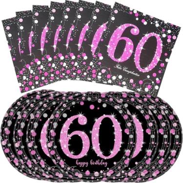 Imagem de 32 peças de suprimentos para festa de aniversário de 60 anos, adequado para comemorar 16 rosas. Utensílios de mesa de aniversário de 60 anos, decoração de mesa, pratos pretos e dourados, guardanapos