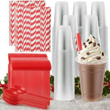 Imagem de Potchen 150 conjuntos de utensílios descartáveis, copos flutuantes de cerveja de raiz de plástico de 400 ml, colheres de sudae de 21 cm e canudos de papel vermelho, suprimentos de festa para sorvete e
