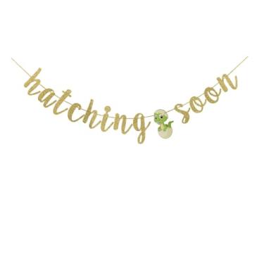 Imagem de Faixa dourada com glitter Hatching Soon, decorações de festa de chá de bebê com tema de dinossauro, placa de celebração reveladora de gênero, suprimentos de festa de dinossauro, estamparia pendurada