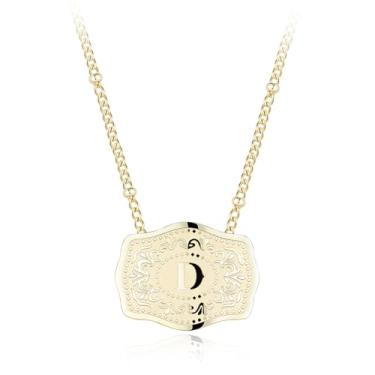 Imagem de Colar com pingente de letra inicial banhado a ouro 14K com fivela de cinto em relevo, compre 1 e ganhe 2 correntes, colar personalizado para mulheres, 18 inches +2 inches extender, Liga de aço, Sem