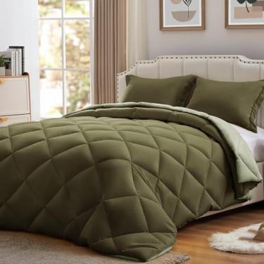 Imagem de NexHome Conjunto de edredom solteiro, verde-oliva e sálvia, 2 peças, edredom leve, tamanho solteiro, reversível, conjunto de cama alternativo, edredom e 1 fronha (168 x 203 cm)