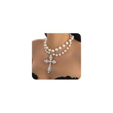 Imagem de Colar feminino com pingente de pérola com cruz em camadas exageradas, grande, com contas de cristal, para Halloween, joia vintage, Large, Liga de aço, Sem Pedra Preciosa