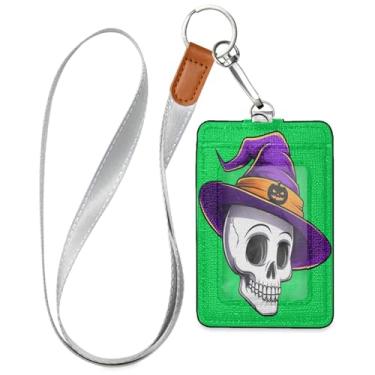 Imagem de Wassud Porta-crachá de couro PU de caveira branca de desenho animado com cordão, porta-cartão de identificação para trabalho, cordão de pescoço com compartimentos para cartões de crédito, funcionários