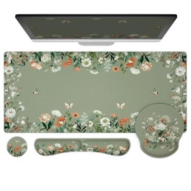 Imagem de Ovenbird Conjunto de mouse pad 4 em 1 | Mouse pad grande para jogos, apoio de pulso para teclado, suporte de pulso para mouse, porta-copos | Acessórios ergonômicos de mesa de escritório para mulheres