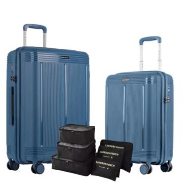 Imagem de Kit de Malas de Viagem Polipropileno Grande + Pequena + KIT Organizador 6 pçs Indestrutível, Cadeado Fixo Flat com Segredo, Rodas 360° Silenciosas – Pulse (Azul, KIT)