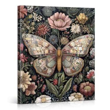 Imagem de Impressão de arte de parede em tela de borboleta floral vintage flores botânicas pintura de imagem de casa de fazenda temperamental escura decoração de casa 20 x 25 cm emoldurada