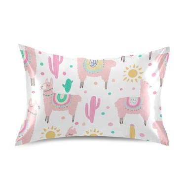 Imagem de Fronhas de cetim para cabelo lindas lhamas rosa cacto branco rei rainha padrão capas de almofada impressão artística refrescante roupa de cama travesseiro tamanho padrão 66.0 cm x 50.8 cm