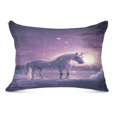 Imagem de Capa de travesseiro elegante de unicórnio roxo Queen 50,8 x 101,6 cm, supermacia e aconchegante, fronha com zíper para outono e inverno