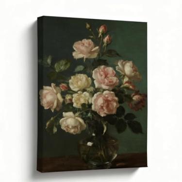 Imagem de Arte de parede em tela de rosas, buquê rosa suave e marfim em vaso de vidro, impressão de pintura a óleo de natureza morta do velho mundo, decoração vintage para sala de estar, quarto, escritório