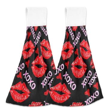Imagem de Batom branco vermelho beijos toalhas de mão preto outono com laços para pendurar toalhas de gravata de forno personalizadas conjunto de 2 toalhas decorativas macias absorventes de cozinha, 46 x 35