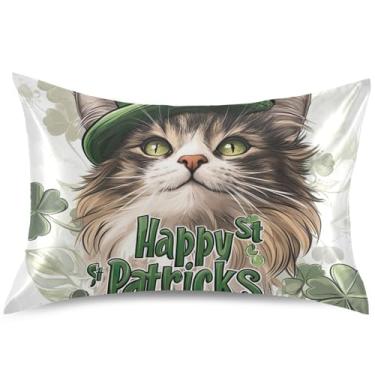 Imagem de St Patrick Capa de almofada de cetim de gato fofo capa de travesseiro padrão King Queen almofada de cama macia padronizada básica, tamanho padrão, 66 cm x 50 cm