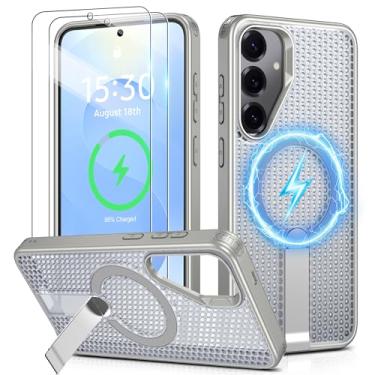 Imagem de Jshru Para Samsung Galaxy S25/S24 Cas com [2 peças] Protetores de tela HD, compatível com MagSafe [proteção contra quedas de grau militar] Capa fina translúcida com suporte invisível para S25, cinza