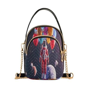 Imagem de Joisal Bolsa tiracolo de chocolate quente na moda bolsas pequenas para mulheres, bolsa tiracolo feminina, Astronauta segurando balões coloridos, 15*21*8cm