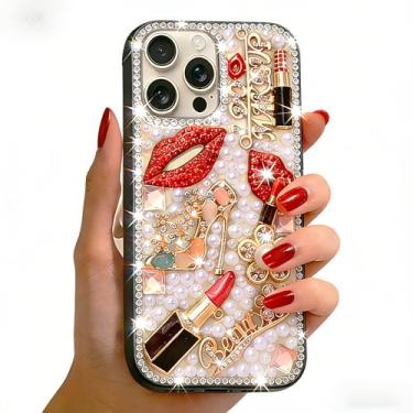 Imagem de Bonitec Compatível com iPhone 13 Pro Bling Case para mulheres meninas luxo 3D diamante cristal strass batom lábios salto alto floral brilhante pérola glitter protetor feminino bonito designer