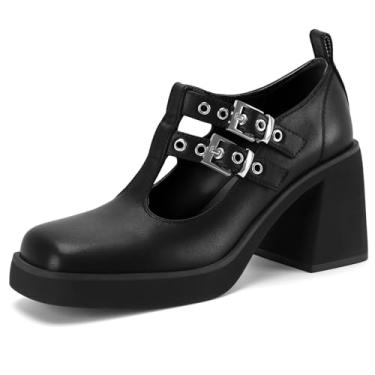 Imagem de Oh Mispares Sapato feminino Mary Jane Oxford salto plataforma fivela alça grossa bloco fechado bico quadrado salto médio elegante clássico casual sapatos confortáveis, Preto, 41