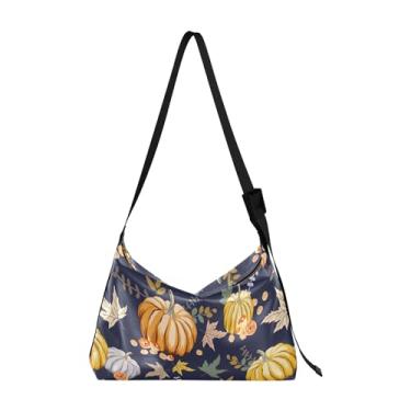 Imagem de Bolsas Hobo de Couro com Folhas Tropicais Neon Modernas para Mulheres Grandes Malas Masculinas Estampa Animal Bolsa de Ombro, Pumpkin Maple Leaf Thanksgiving