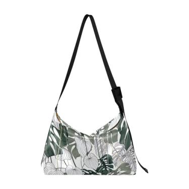 Imagem de Bolsas de couro macio com folhas de bordo de abóbora outono Hobo Grande Bolsa masculina de couro exclusiva com estampa de folha bolsa Hobo, Folha verde floral tropical