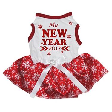 Imagem de Petitebella My New Year 2017 Camisa Branca Floco de Neve Vermelho Tutu Cachorro Vestido (Grande1)
