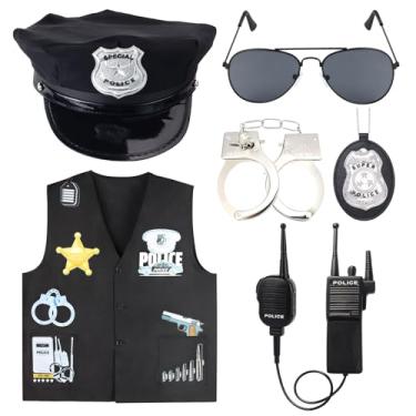 Imagem de Kyson 6 Pcs Police Officer Costume Outfit for Adult Theme Party Cop Hat Vest Handcuff Badge Belt Shades Walkie Talkie (Set B)