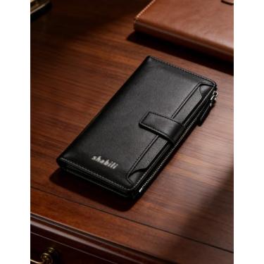 Imagem de Carteira de negócios masculina horizontal, bolso lateral longo de couro macio com vários compartimentos para cartão e grande capacidade, organizador fino e moderno com bloqueio de RFID (preto)