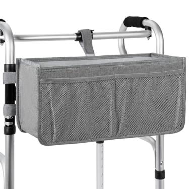 Imagem de Cesta para andador dobrável com suporte de copo, bolsa de armazenamento dobrável removível, grande capacidade de armazenamento para idosos, acessório de transporte, Cinza, 16.5 inches (L) x 5.7 inches