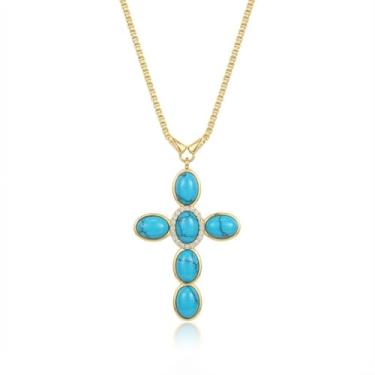 Imagem de YANCHUN Colar de cruz turquesa, joia turquesa para mulheres, pingente de cruz de pedras preciosas, joias ocidentais para mulheres, colares ocidentais, Large, Pedra, Sem Pedra Preciosa