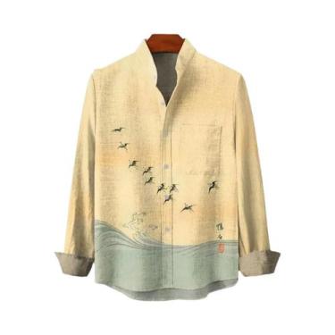 Imagem de Camisa De Linho Masculina Com Estampa Retrô De Gatinho, Manga Longa, P