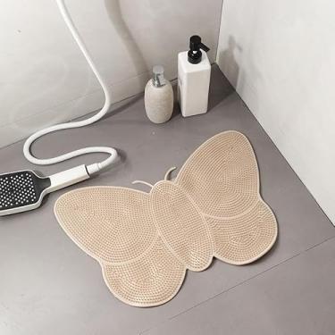Imagem de Tapete antiderrapante com ventosas para banheiro, tapete antiderrapante impermeável para limpeza dos pés e massagem (Bege Borboleta)