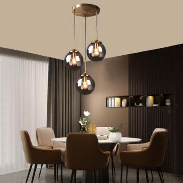 Imagem de Lustre de teto em metal com cúpula de vidro, design moderno/retrô, luminária pendente ajustável para mesas de jantar, soquete E14, ideal para cozinha, sala de jantar ou sala de estar.