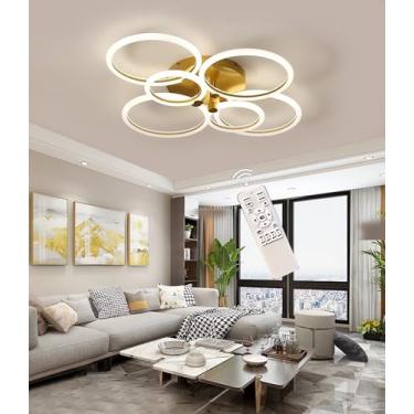 Imagem de Luminária de teto LED 84W de alto brilho para sala de estar, dourada, moderna, dimerizável com controle remoto, ideal para quarto (dourada, 6 anéis).