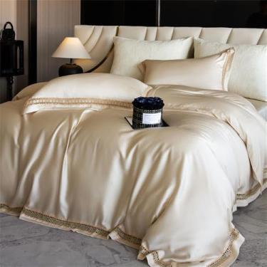 Imagem de Jogo de cama de verão em fibra natural, macio, sedoso e com toque fresco, com capa de edredom, lençol e fronhas com bordas largas, 1 unidade, tamanho casal.