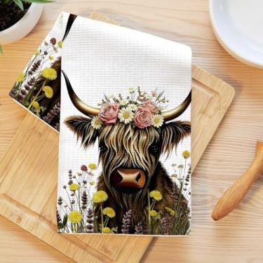 Imagem de Toalhas de cozinha de vaca rústicas, flor artística decorativa absorvente pano de prato de microfibra toalha de chá, toalhas de mão macias de waffle para casa de fazenda, casa de banho, presentes de